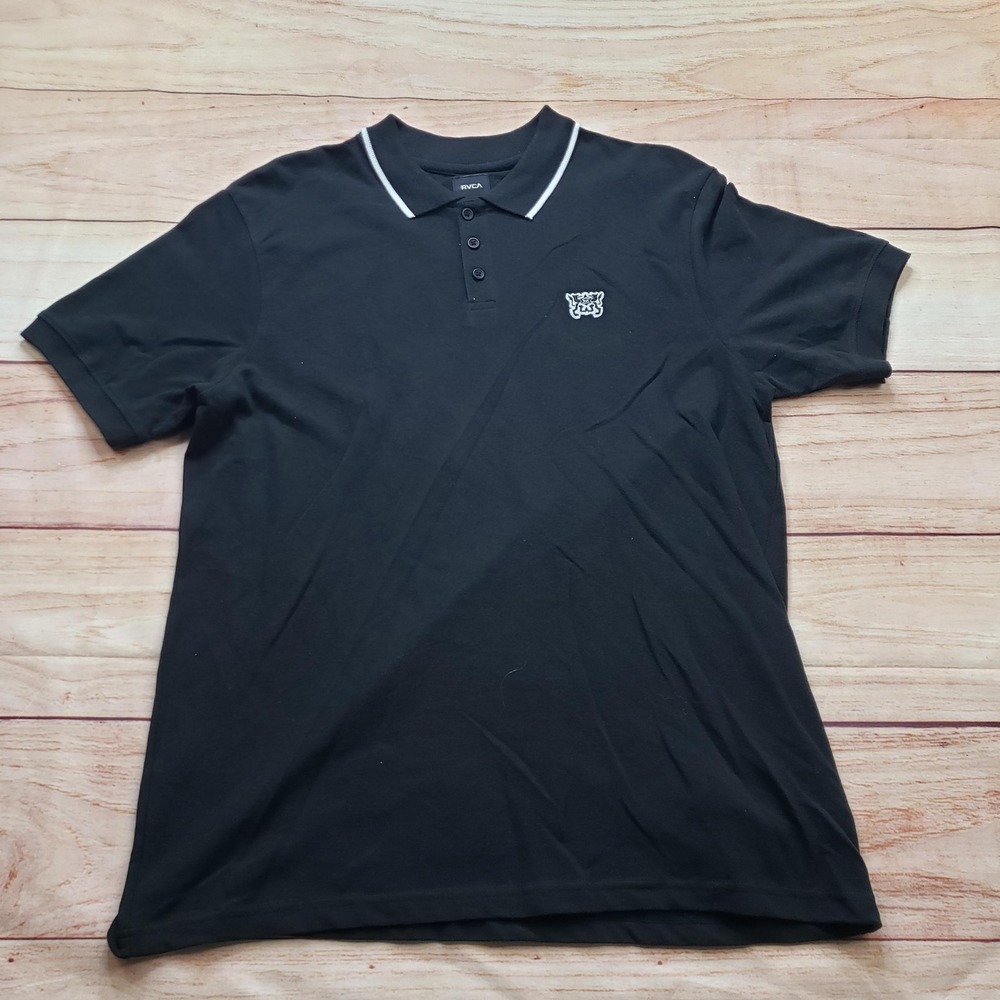 RVCA Polo Shirt Mens Large Black Short Sleeve Collared Surf Surfing Outdoor